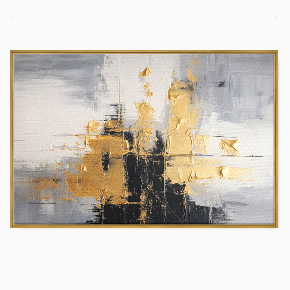 Tablou canvas cu pictura abstracta cu auriu si negru, in rama de aluminiu auriu